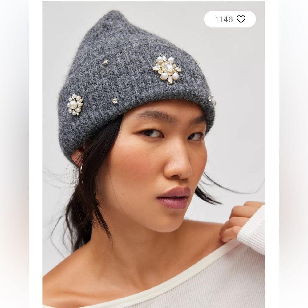 Urban Outfitters Pearl & Rhinestone Deco Cuff Beanie